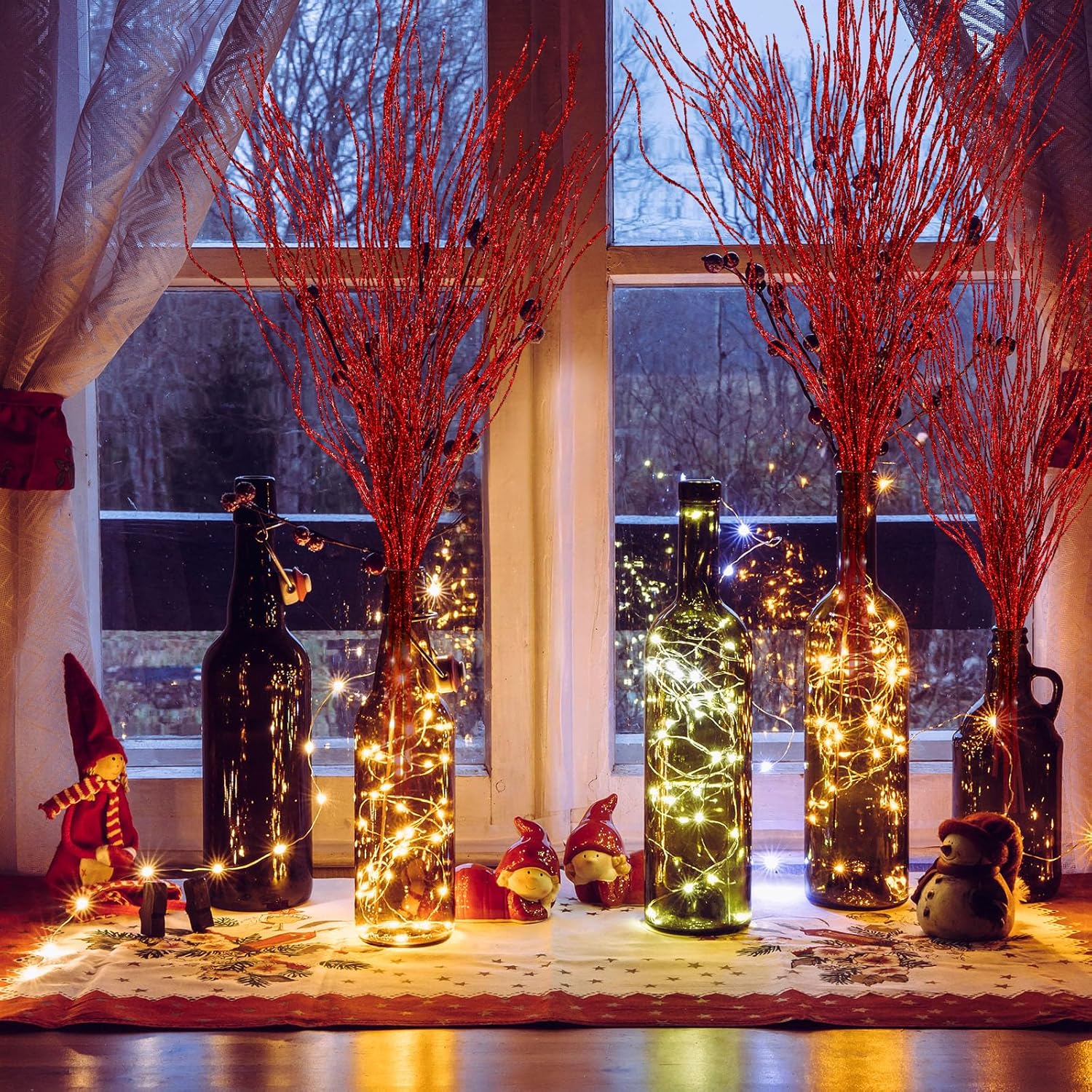 Lyrow 30 Pcs 17 Inch Christmas Glitter Curly Ting Ting Branches Sticks Stems Decorative Vase Filler Branches Artificial Curly Wispy Willow Twigs for Christmas Wreath Home Craft Decor (Red)