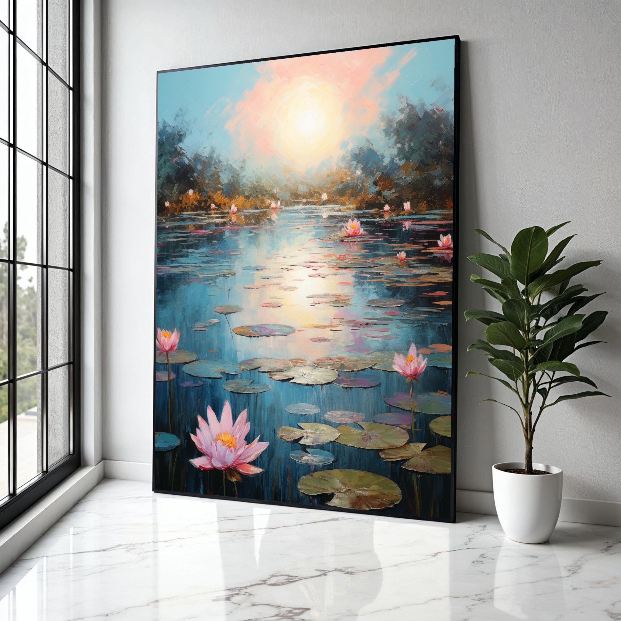 YUSUZHU Water Lily Pond Canvas, Sunset Reflection Wall Art, Floral Nature Scene, Landscape Painting, Home Decor, Print Posters(21x30cm/Frameless)