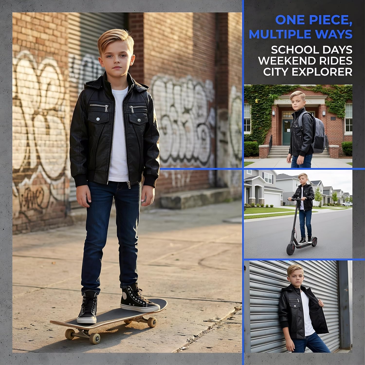 Kids Faux Leather Biker Jacket with Detachable Hood - Moto Coat for School, Zipper Closure, for Boys & Girls 4-12Y
