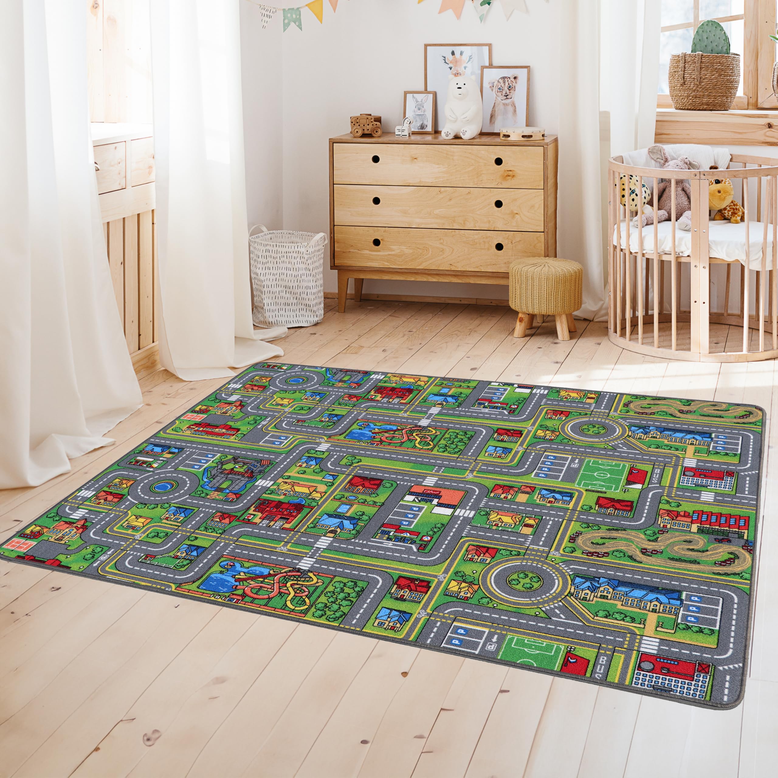 Primaflor Interaktiver Kinderteppich Streets - 160 x 200 cm | Made in Europe | mit Straßenmotiv, Hochwertiger Straßen-Teppich mit Kreisverkehren | für Kinderzimmer, für Jungen & Mädchen