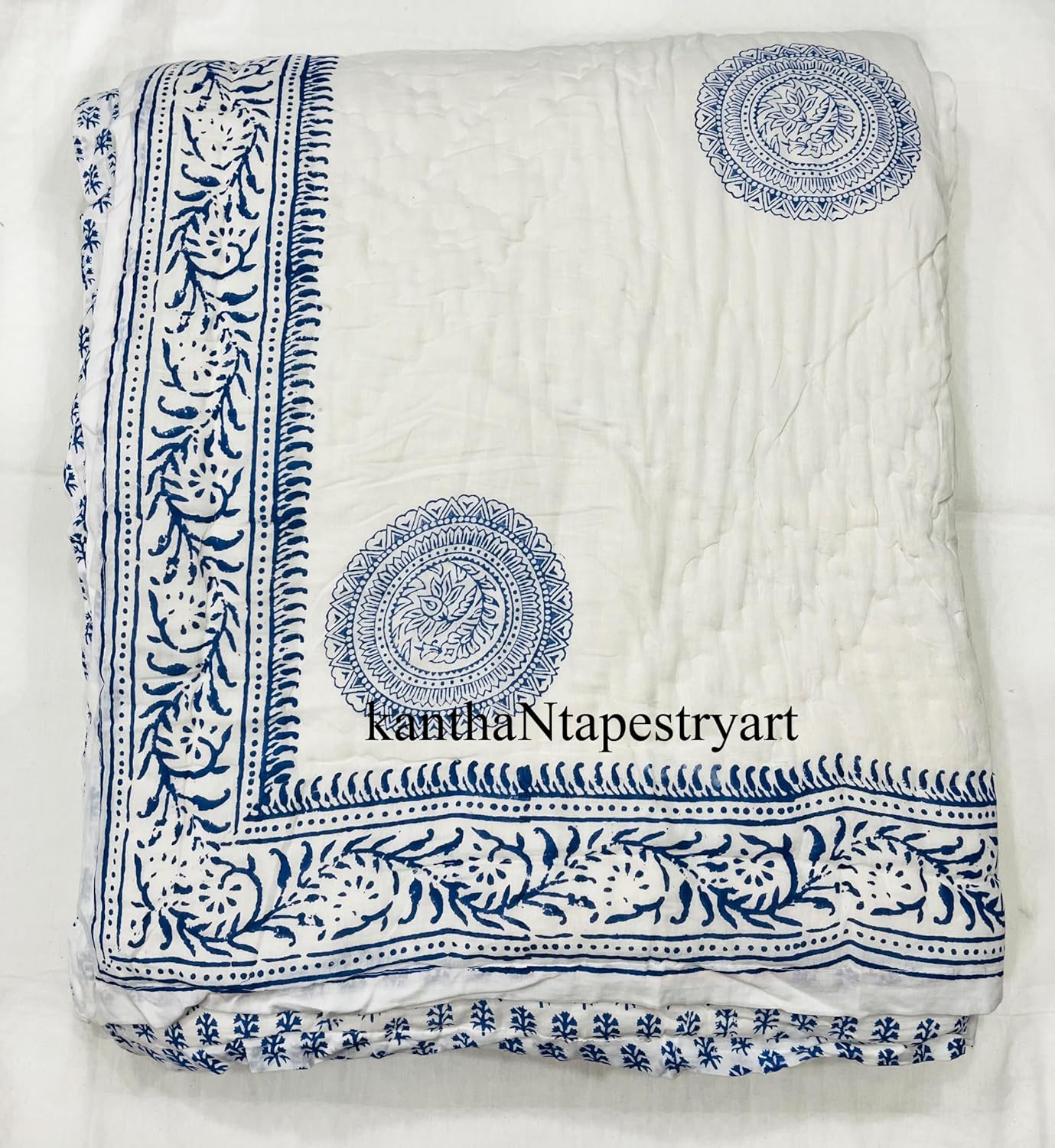 Generic kanthaNtapestryart Indian Hand Block Print 100% Cotton Quilt Razai Jaipuri Light Weight Hand Made Cotton Quilt Razai Indian Quilt Block Print Razai (Twin Size 60x90 Inch), Blue