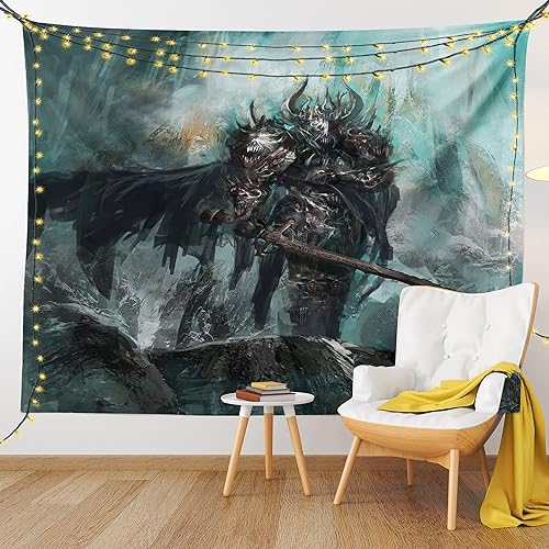 Miniatura 9 de Ambesonne Tapiz de mundo fantástico, diseño de acuarela de caballero de los muertos, grunge inmortal oscuro, colgante de pared para dormitorio, sala