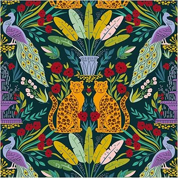 HAOKHOME Tropical Leopard Wallpaper Peel and Stick Jungle Animals Peacock Vinyl Wallpapers Green/Brown/Purple Stick for Bathroom 17.3in x 9.8ft