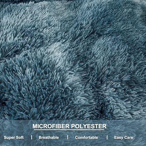 Miniatura 7 de SUCSES Juego de funda de edredón tamaño Queen esponjoso de color azul marino, juego de ropa de cama de 3 piezas de pelo sintético largo de felpa -