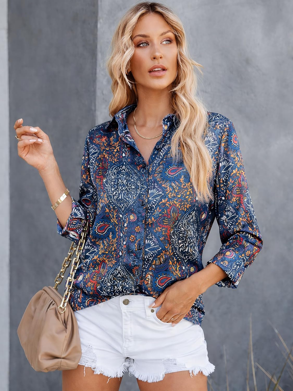 CUNLIN Womens Silky Printed Button Down Shirts Fashion Blouse Long Sleeve Tops 2026 - Image 2