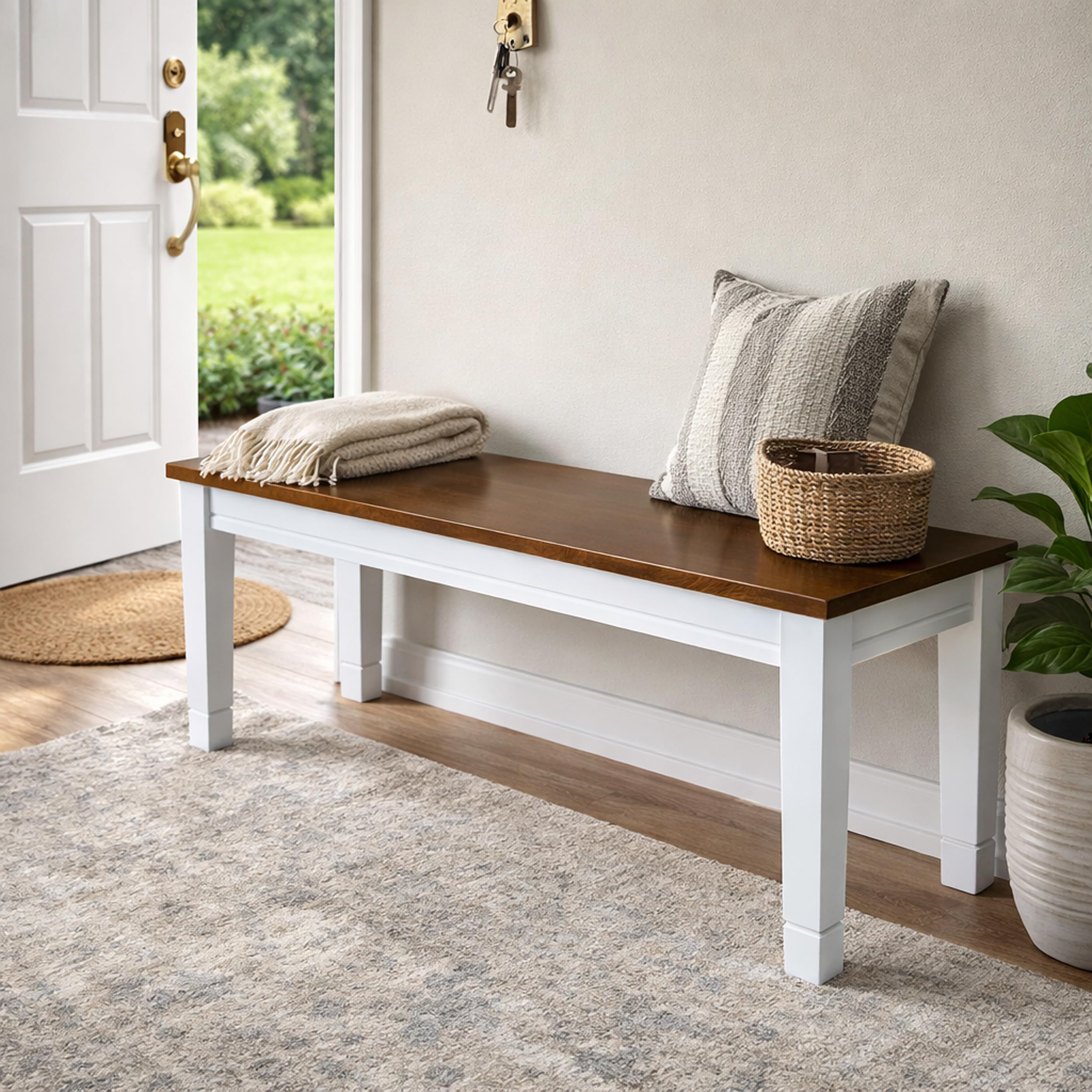 Modern Dining Bench, Dirty Oak/White Finish Solid Rubberwood