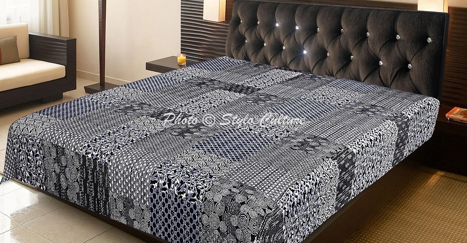 Kantha Quilt Queen Size Indian Kantha Blanket Black Cotton Floral Hand Stitched Bedding Bed Cover