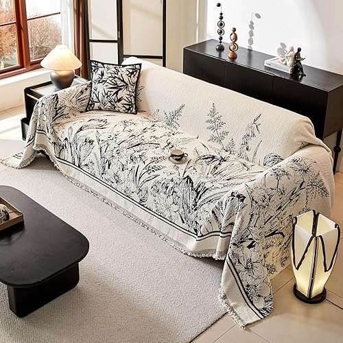 Miniatura 9 de DREAMINGO Funda floral para sofá de 3 cojines, funda gruesa de felpa para muebles de 71 x 134 pulgadas, funda de sofá jacquard vintage con borlas