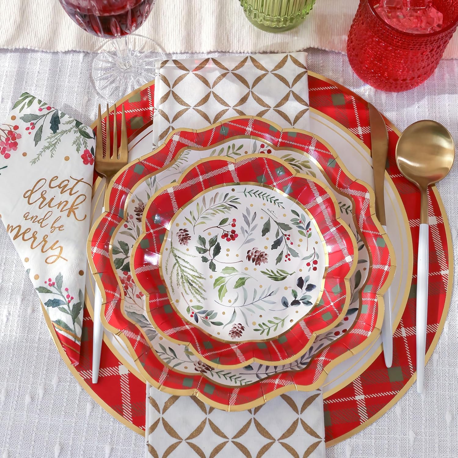 Kate Aspen 62pc Christmas Tableware Set Holiday Dinner Party Kit - 16pcs 7 inch & 9 inch Heavy Duty Disposable Party Plates, 30pcs 6.5 inch Durable Paper Napkins - Image 2