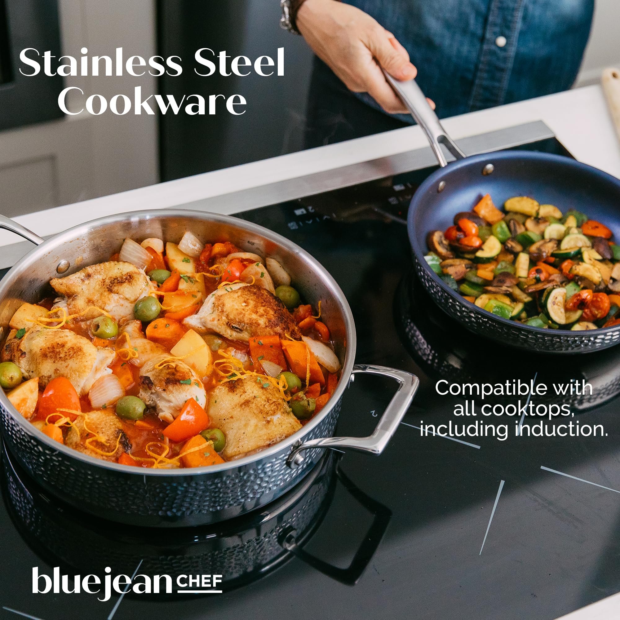 The Blue Jean Chef Batterie de cuisine 3 pièces en acier inoxydable, finition martelée, batterie de cuisine triple couche, antiadhésive, passe à l'induction, au four et au lave-vaisselle