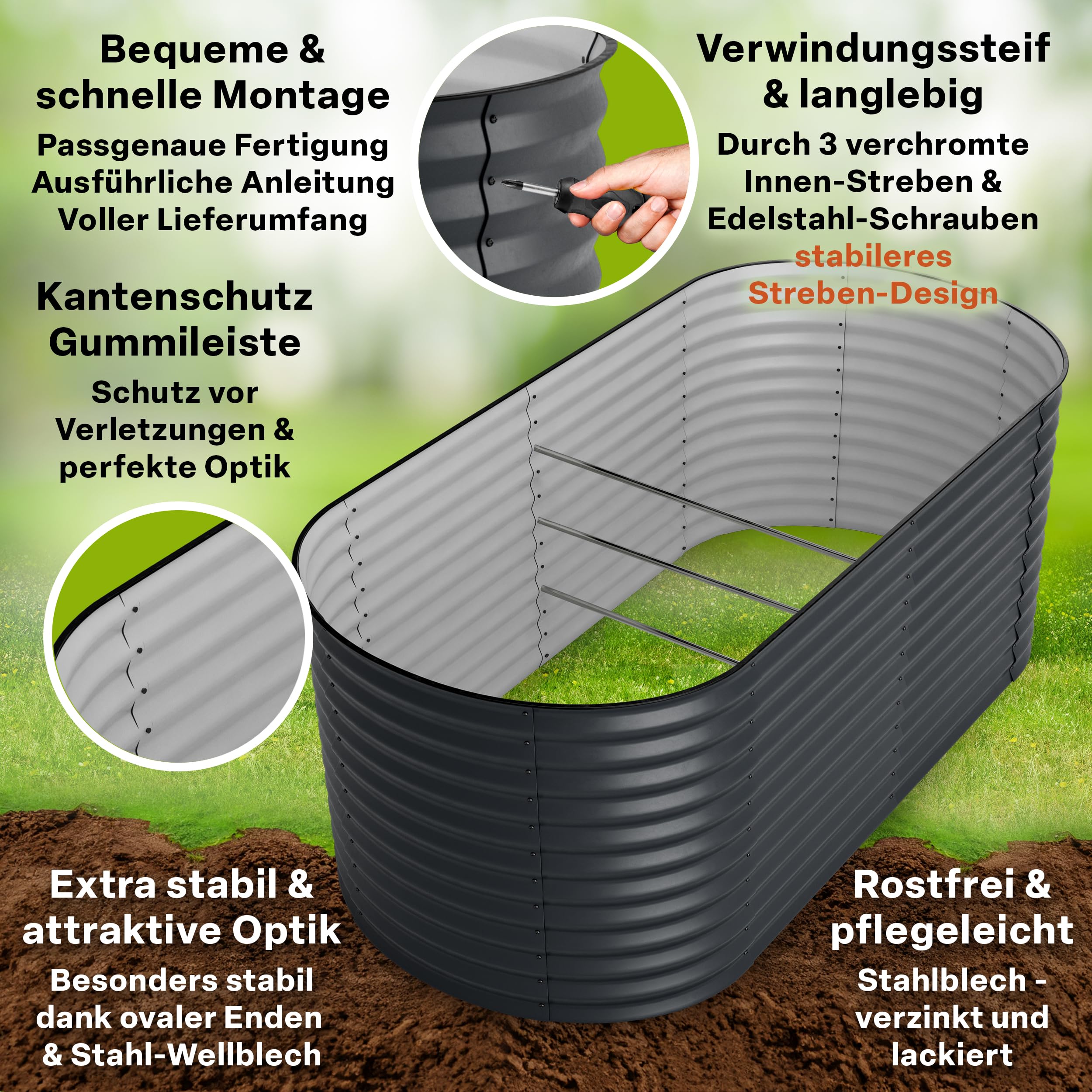 TTL GARDEN 200x100x80cm Inspire L anthrazit Metall Hochbeet Stahl verzinkt | - Rostfrei verzinkt & grau lackiert Wellblech ovale Form stabil Garten Beet für Gemüse Kräuter Blumen Gartenbeet Gemüsebeet