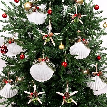 Seashell Starfish Ornaments for Christmas Tree 12PCS Handmade Natural Sea Shells & Starfish Crafts with Natural Pine Cones, for Christmas Decorations Coastal Beach Nautical Christmas Tree Ornaments