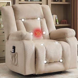 Oversized Dual Motor Power Lift Recliner for Adults, Electric Lift Chair with Heating and Massage, Waffle Fabric Electric Recliner Chair with Side Pockets, Wide Recliner for Living Room