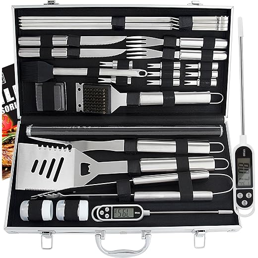 ROMANTICIST 28pc BBQ Accessories Set with Thermometer - The Very Best Grill Gift on Birthday Wedding - Heavy Duty Stainless Steel Grill Set in Case for Outdoor Cooking Camping Grilling Smoking