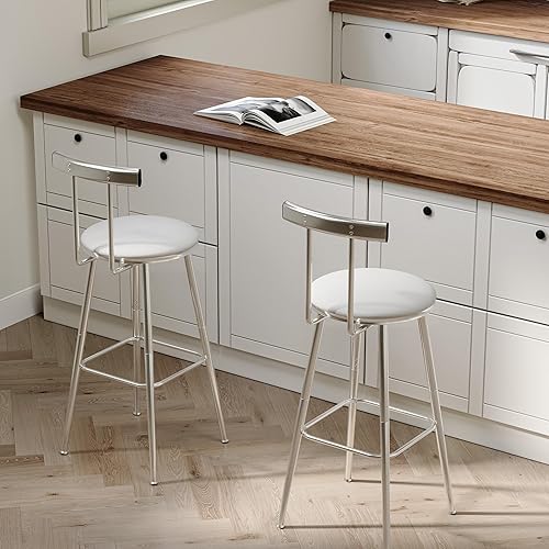 Miniatura 5 de Taburetes de bar, juego de 2 taburetes de cocina altos, sillas de bar con respaldo y reposapiés, taburetes industriales con asiento suave de PU,