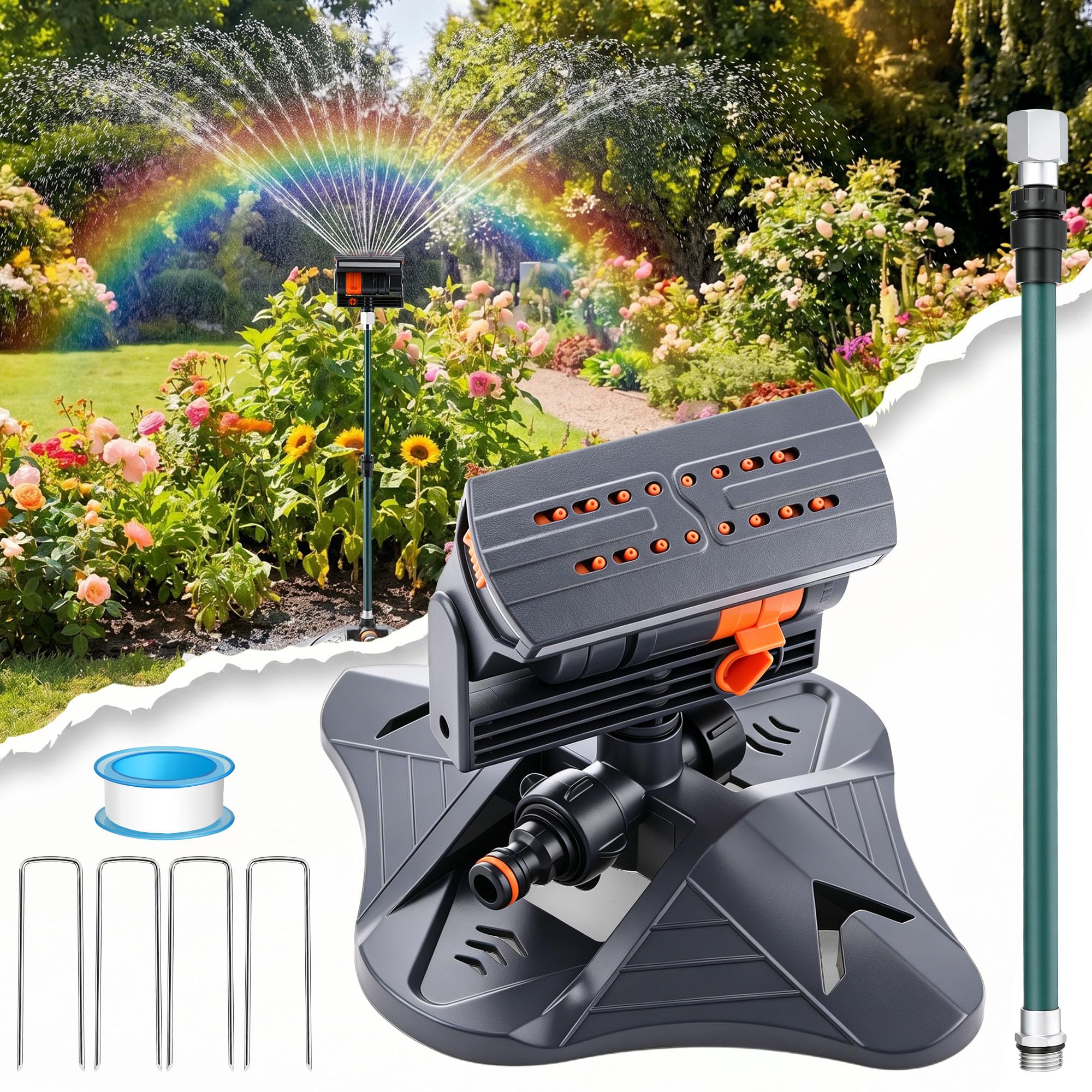 Oszillierender Sprinkler mit verstellbarer Aluminiumerhöhung, 4-Wege-Rasensprinkler für Hof und Garten, 16 Düsen, Abdeckung bis zu 4,069 m². Ideal für die Bewässerung verschiedener Höhen