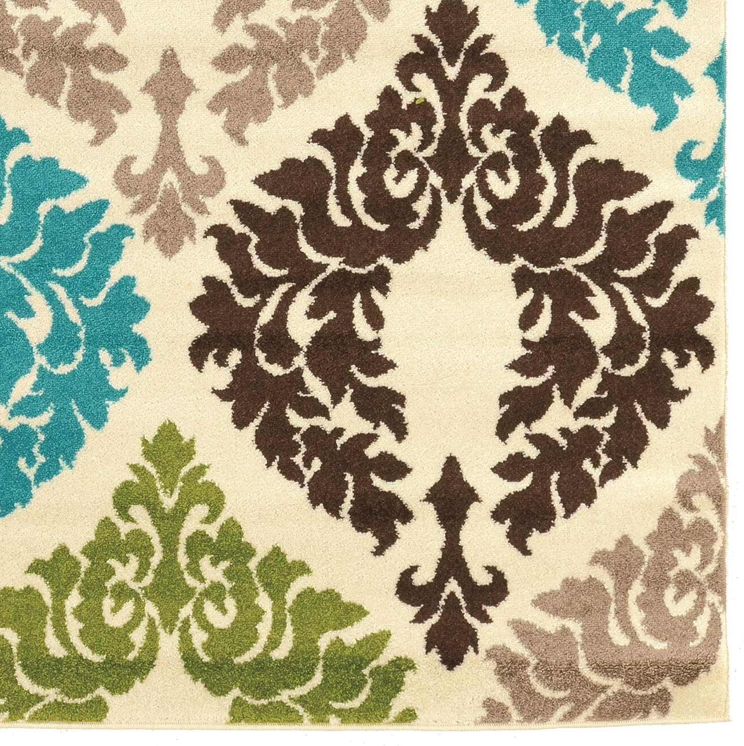 Linon RUGCT1481 Claremont Collection Claremont Damask Turquoise/Creme 8'x10',Off/White,8'x10'2"