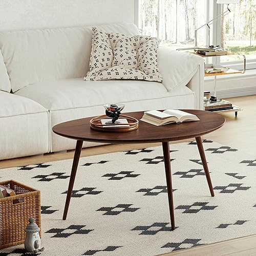 Miniatura 31 de Mesa auxiliar ovalada pequeña, mesas de centro 100% madera maciza, mesa moderna de mediados de siglo para sala de estar, mesas auxiliares para el