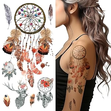 Supperb Temporary Tattoos - Dream Catcher Dreamcatcher Colorful Henna Feather Bohemian Tattoo Set of 2