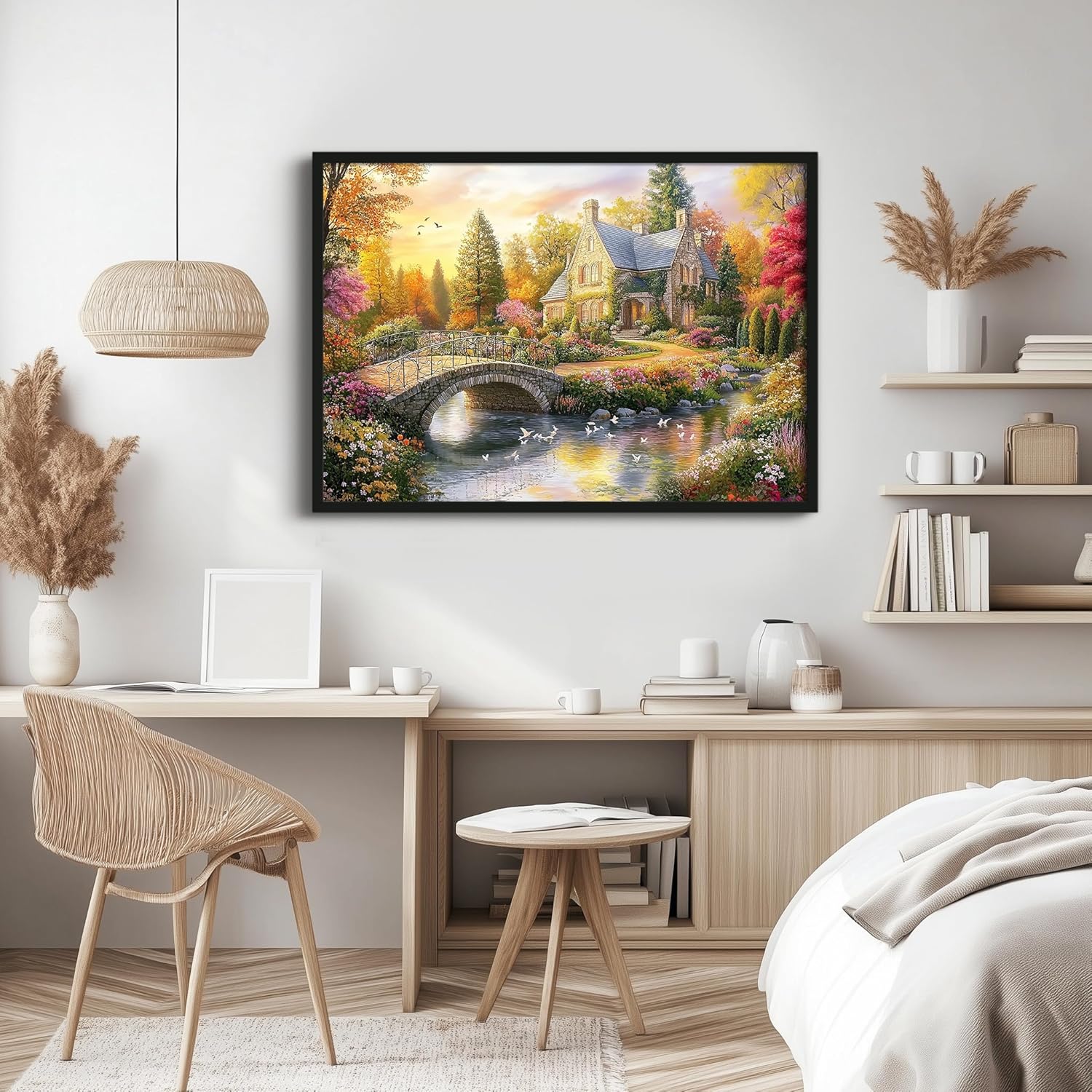 Thomas Kinkade Inspired Landscape Wall Art Classic American Countrystyle Framed Canvas Painting Artwork for Home Bedroom Office Decor Ready to Hang (Fields of Stillness, 30x24, Wrapped Canvas)