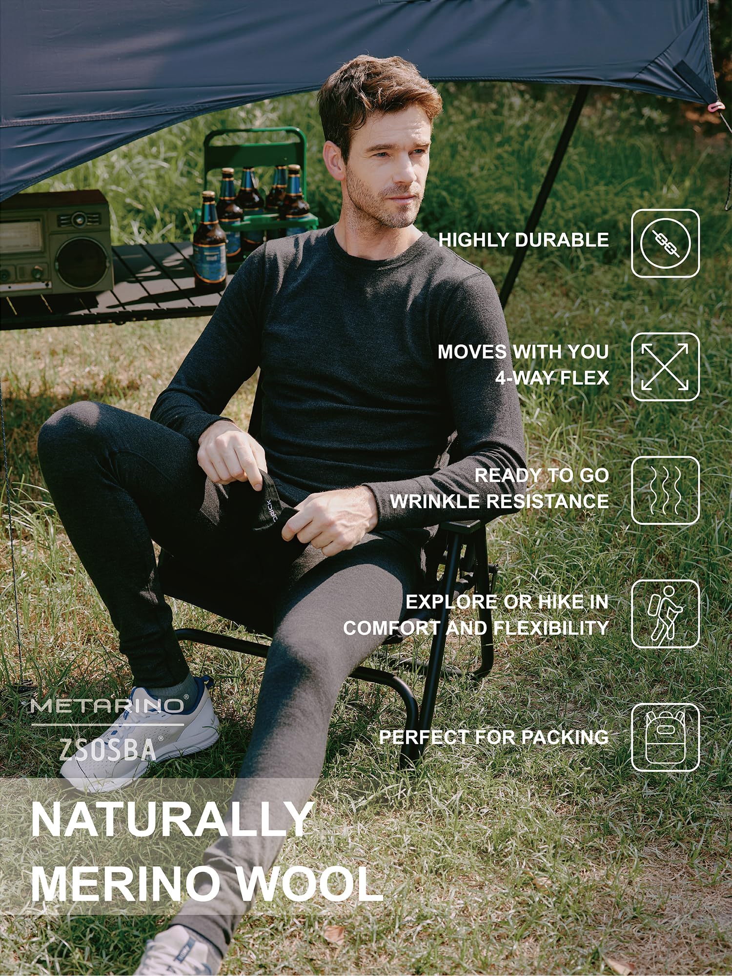METARINO - Camiseta térmica de manga larga para hombre, 100 % lana merino, para senderismo, viajes, esquí
