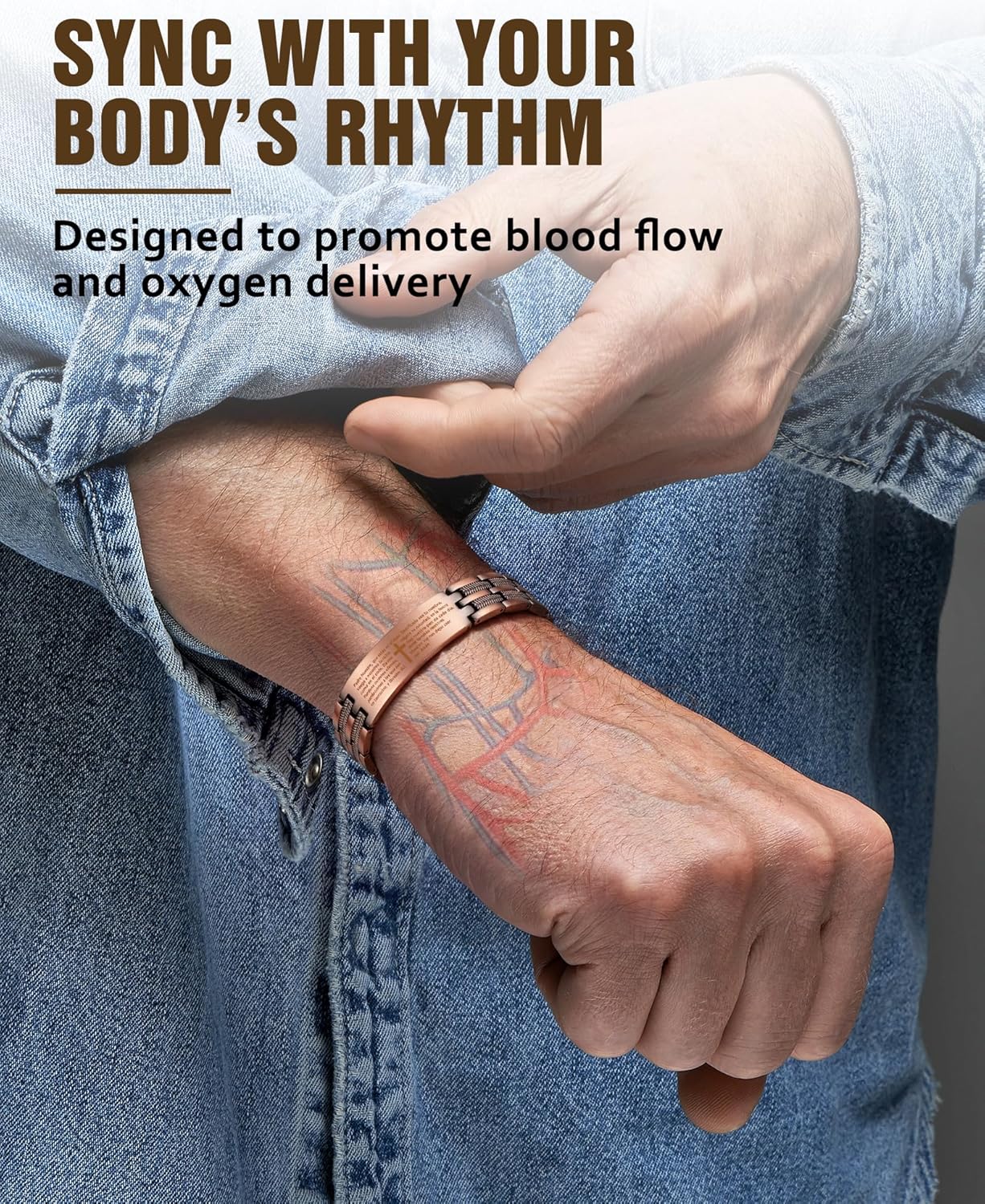 Jecanori Men's Cross Copper Bracelet with Spanish Matthew 6:9-13 Engraving – Ultra Strength Magnetic Bracelet for Men - Image 2