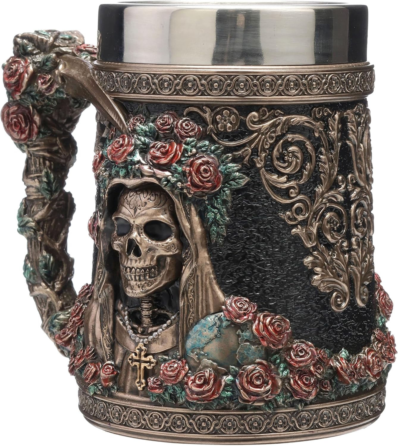 Veronese Design 6 Inch Santa Muerte Flores Beer Stein 20 oz Cold Cast Resin Bronze Finish Stainless Steel Insert Drinking Cup