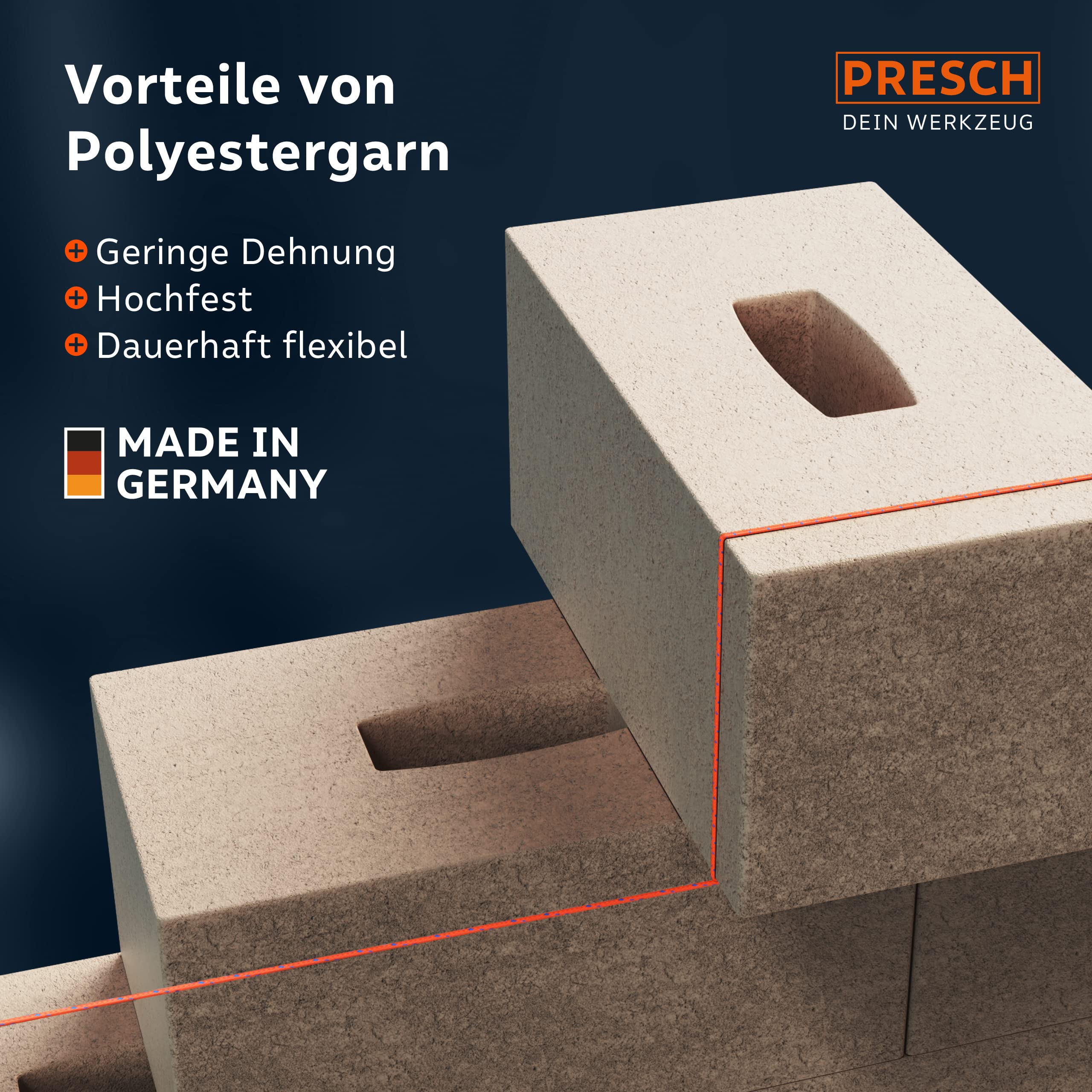 Presch Maurerschnur 100m | Ø2,0mm | Polyester | Reißfeste, witterungsbeständige Richtschnur mit Spule | Knotenfeste Bauschnur - Extrem langlebig und hochwertig