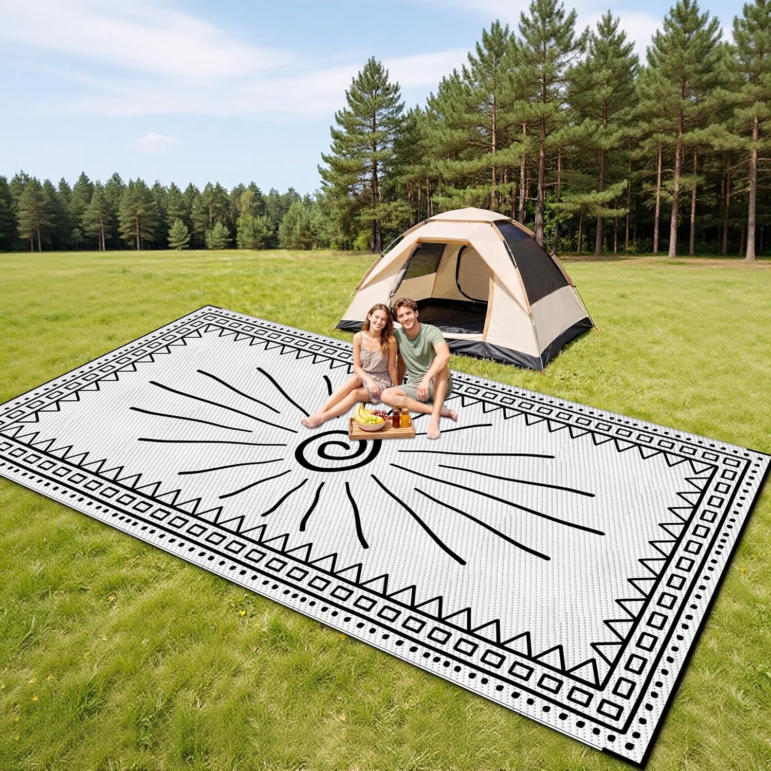 CircleRoad RV Outdoor Rug 9x12 Waterproof Patio Rug Mat with 4 Stakes UV Resistant Reverisble Plastic Straw Outdoor Rug with Carry Bag for RV Camping Picnic Beach Backyard