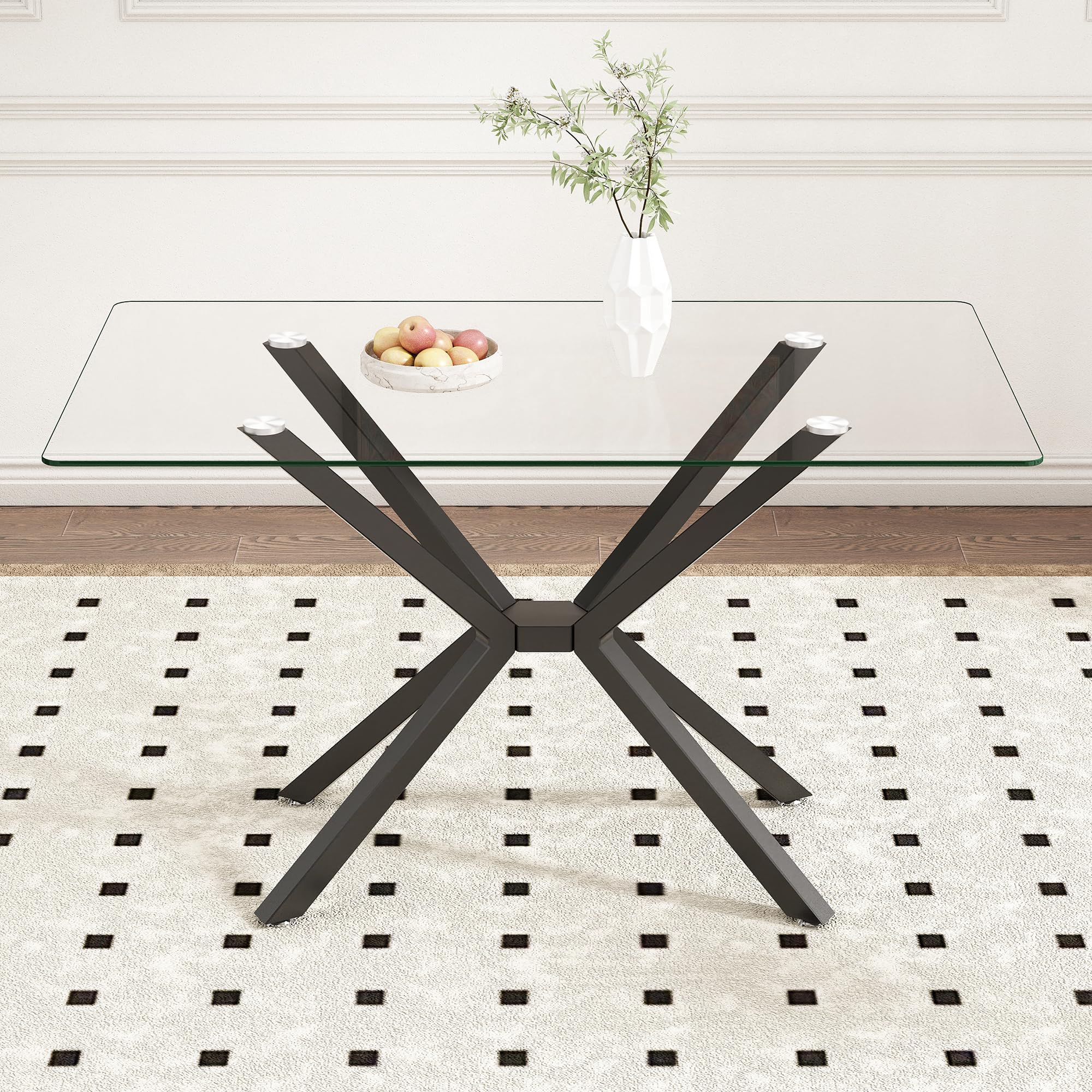 IANIYA 47.2" Rectangular Glass Dining Table, Tempered Clear Kitchen Table with Black Metal Legs, Modern Dinner Table for Kitchen Dining Room