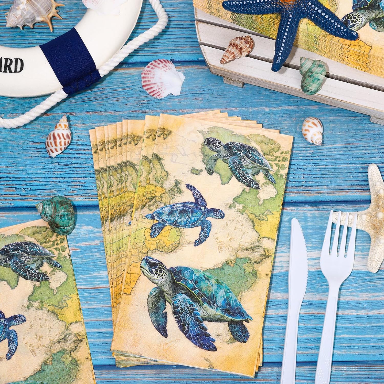 FYSUIMU 50 Pcs Paper Napkins Sea Turtle Guest Napkins Vintage Ocean Animal Disposable Napkin Summer Dinner Paper Hand Towels for Bathroom Birthday Holiday Party Table Supplies