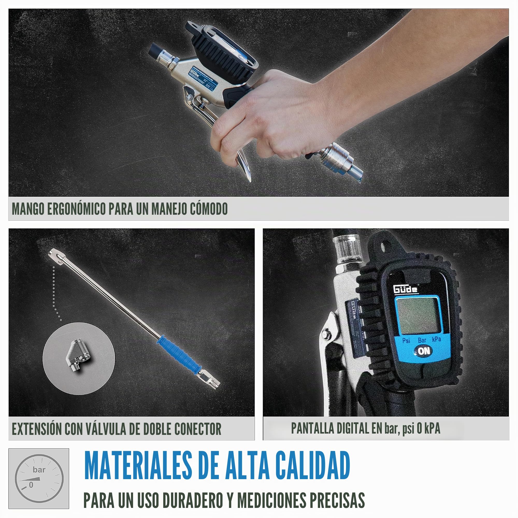 Güde Inflador de neumáticos digital V 12 PRO (pantalla multifunción, 0-12 bar presión de trabajo, válvula de liberación de aire finamente dosificable, calibrable, conector de válvula Michelin, para