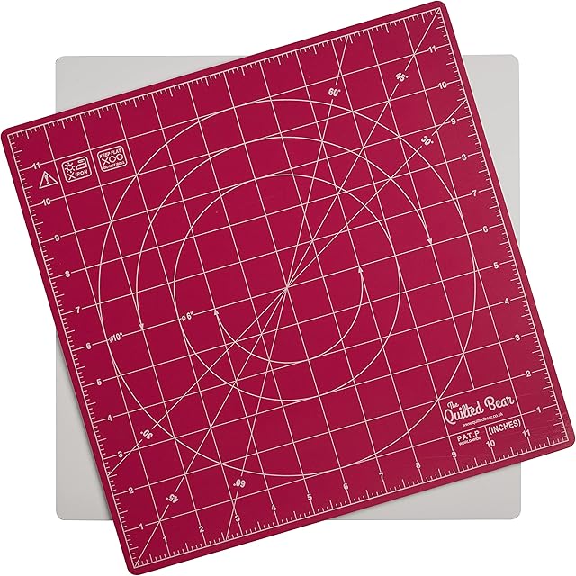 The Quilted Bear Rotating Cutting Mat 12" x 12" - Square Self Healing 360° Rotating Craft Cutting Mat with Innovative Locking Mechanism for Quilting & Sewing Your Choice of Colours Available! (Pink)