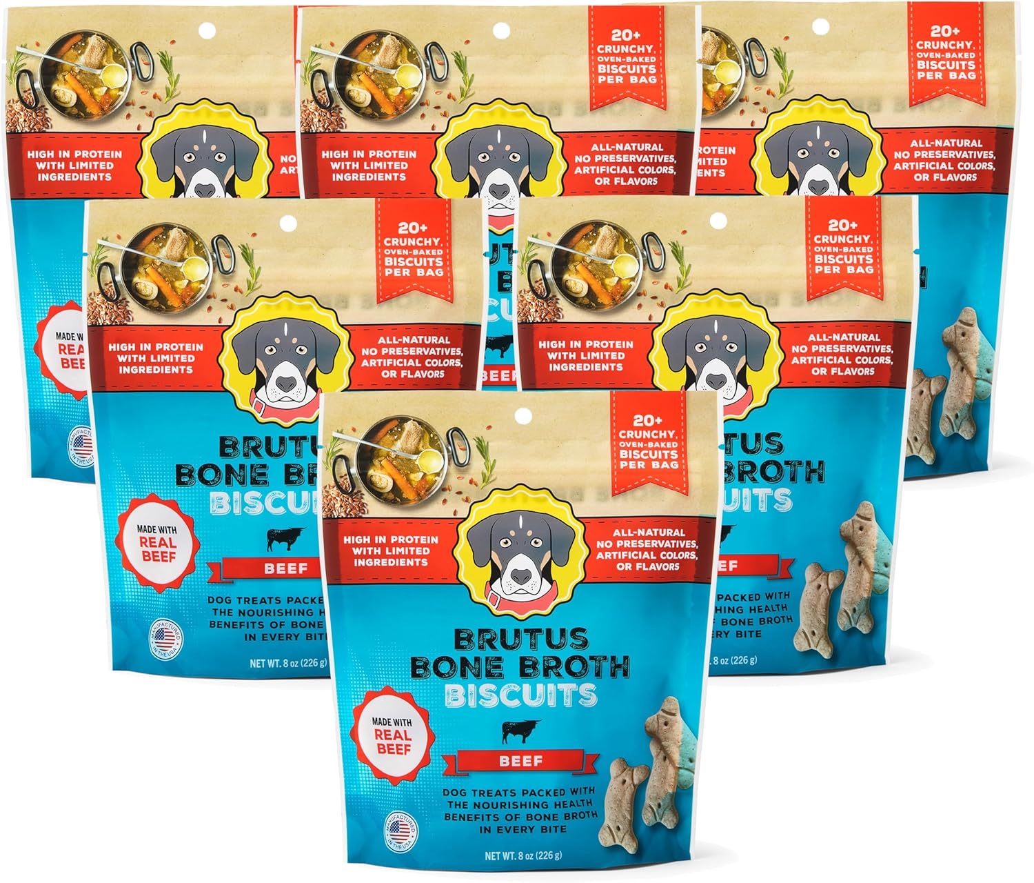 Brutus Bone Broth Biscuits for Dogs - Protein-Rich Dog Treats with Bone Broth and Real Beef - All Natural and Tasty - 8oz, Pack of 6_, Beef Flavor