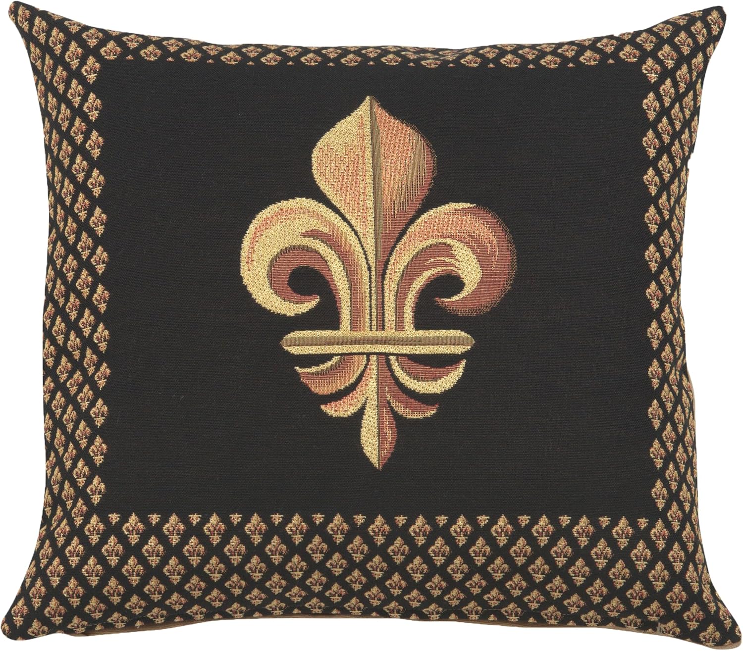 Charlotte Home Furnishings French Throw Pillow Cover 19x19 in, Framed Fleur de LYS Black Decorative Square Pillow Cover for Bed, Home Decor Cushion Cases for Living Room, Soft Cotton Jacquard Woven