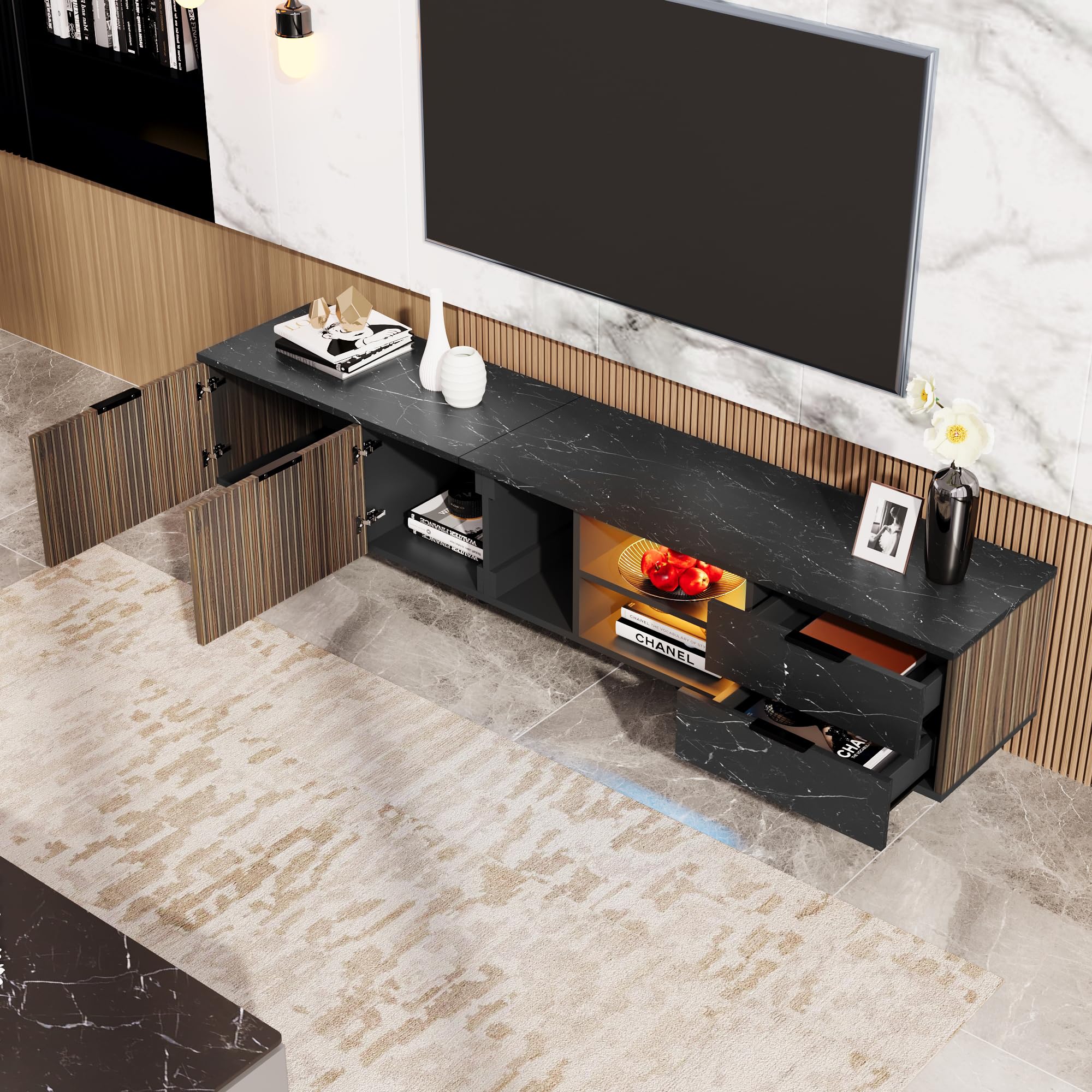 Azkoeesy Mobile TV 200 cm con luce a LED, con venature del legno scuro e effetto marmo, gambe in metallo, moderno mobile basso/mobile TV per soggiorno