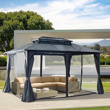 10x13FT Hardtop Heavy Gazebo, Aluminum Metal Outdoor Gazebo with Flame-Retardant Curtains & Netting, Double Polycarbonate Roof Patio Gazebo Canopy for Backyard, Deck & Lawns, Grey