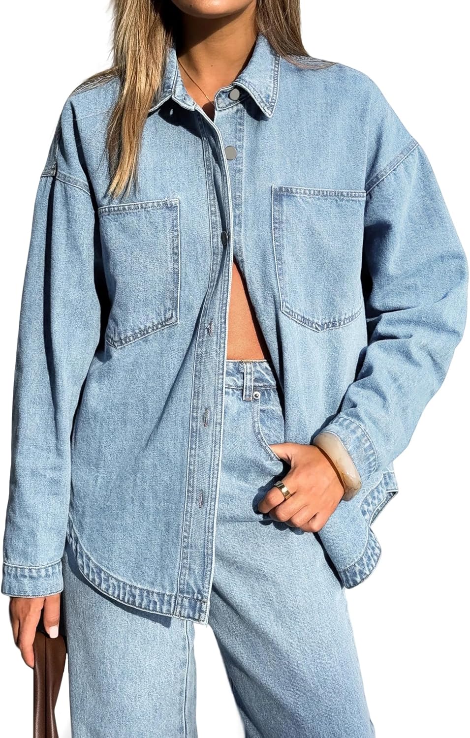 EMMIOL Women Denim Shirts Oversized Long Sleeve Button Down Blouse Distresse Jean Jacket Fall Outfits 2026