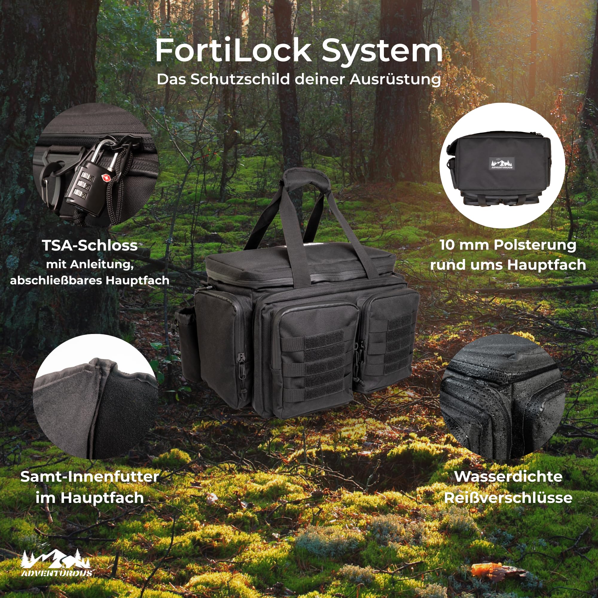 ADVENTUROUS Range Bag [Mehrfachschutz für Dein Equipment durch FortiLock-System] Waffentasche Kurzwaffen | Einsatztasche | Pistolentasche | Ideal für Schießsport