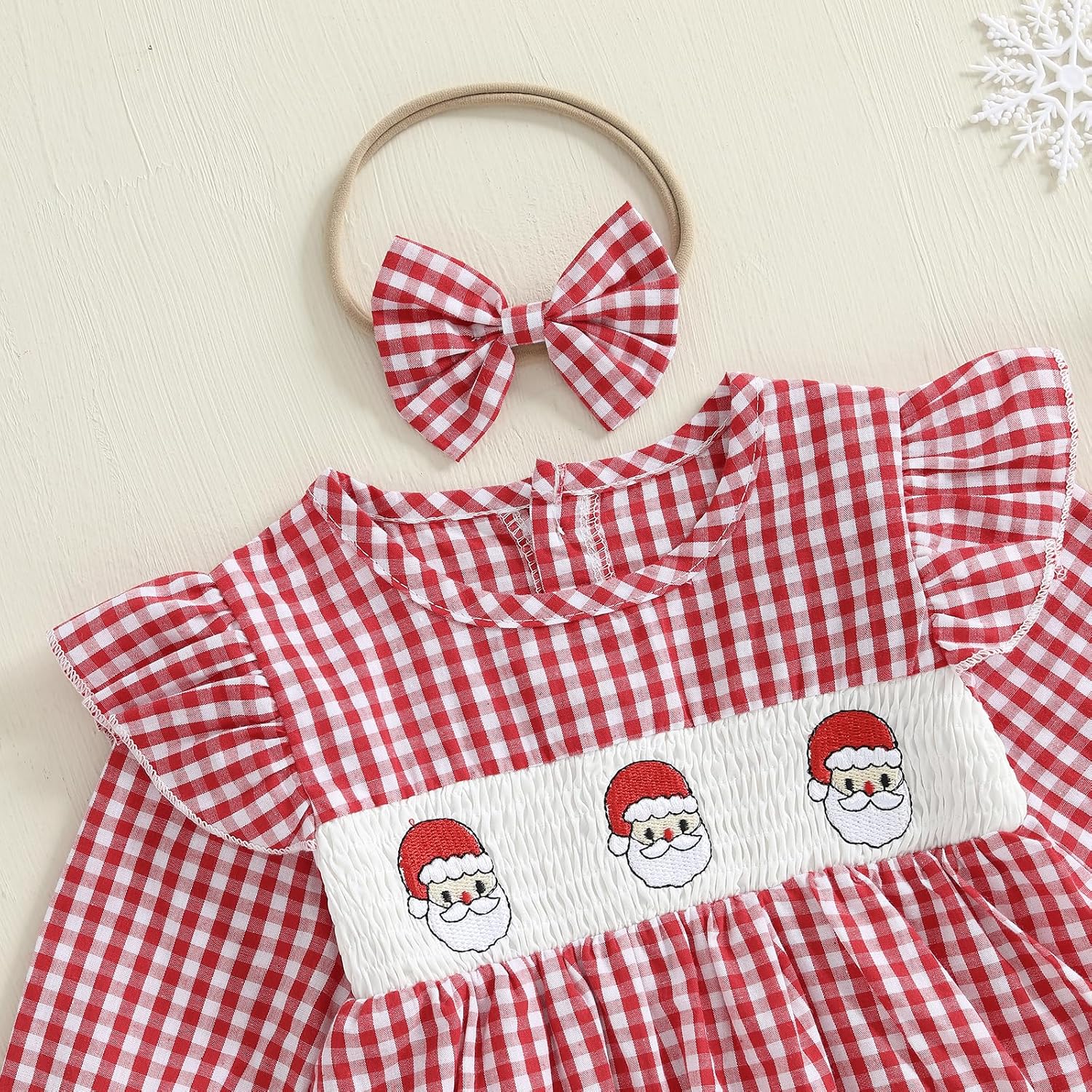 Infant Girl Santa Romper Dress Long Sleeve Smockced Christmas Tree Gingham Bodysuit 2Pcs Newborn Baby Winter Clothes