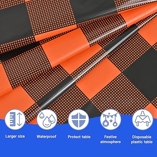 Miniatura 3 de Vedran 3 Pack Halloween Plastic Tablecloth Decorations, Orange and Black Checkered Background Disposable Tablecloth, 54 x 108 Inch Rectangular