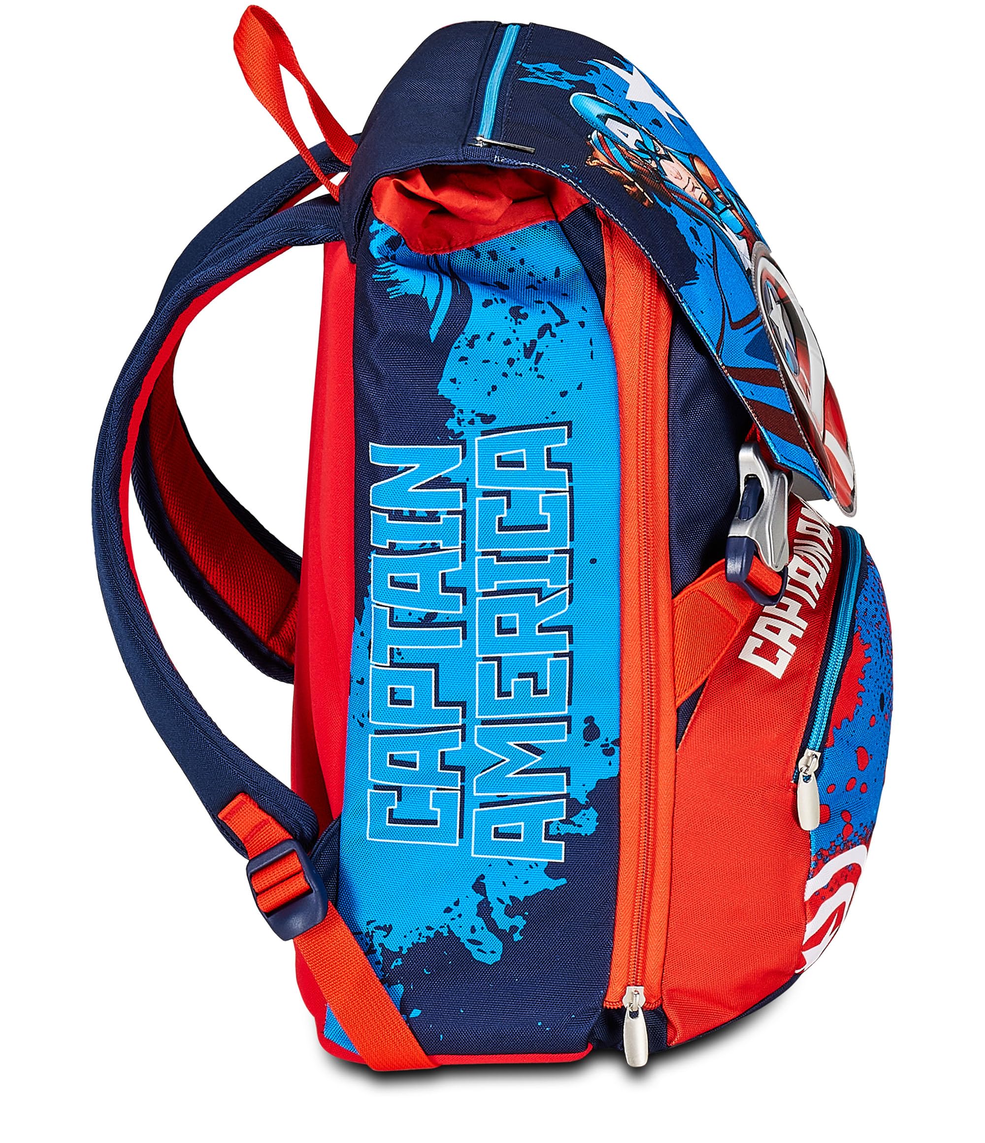 Seven Zaino Scuola Estensibile Disney - Captain America Legendary Avenger, Blu Rosso Bianco - Doppio Scomparto, Tasca Porta Borraccia - Bambino Marvel