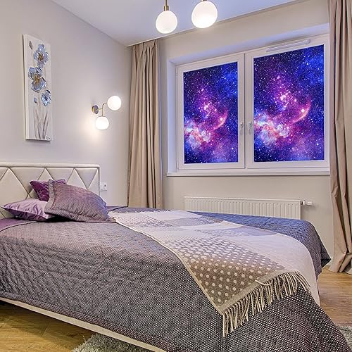 Miniatura 7 de BoeHiop Película de privacidad para ventana, adhesivo esmerilado de galaxia azul y morado, calcomanías decorativas para cubierta de vidrio, vinilo