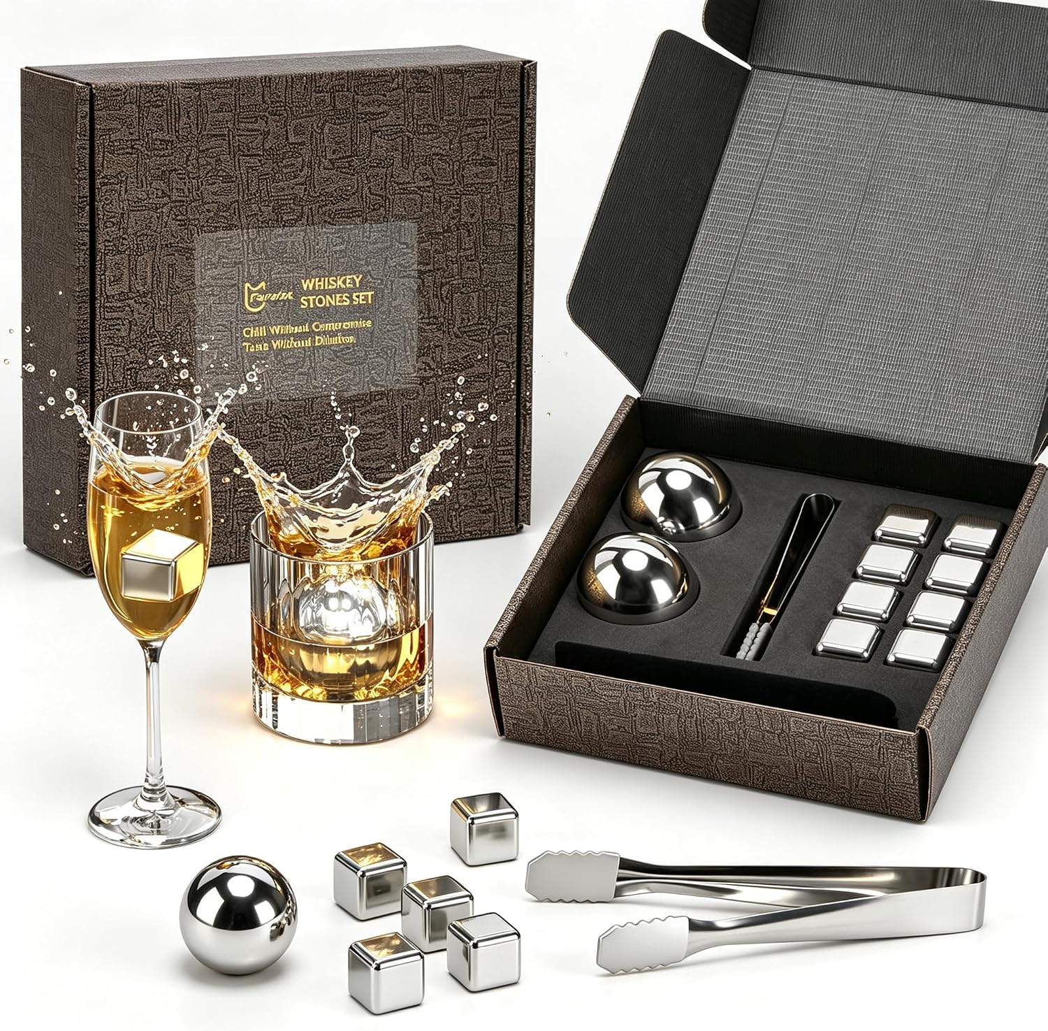 Whiskey Stones Set - Reusable Stainless Steel Ice Cubes & Balls