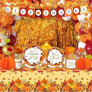 Thanksgiving Decorations,247pcs Fall Themed Give Thanks Decorations Thanks Giving Decorations Party Plates Napkins Cups Tablecloth Balloons for Thanksgiving Party Decorations,Serve 24