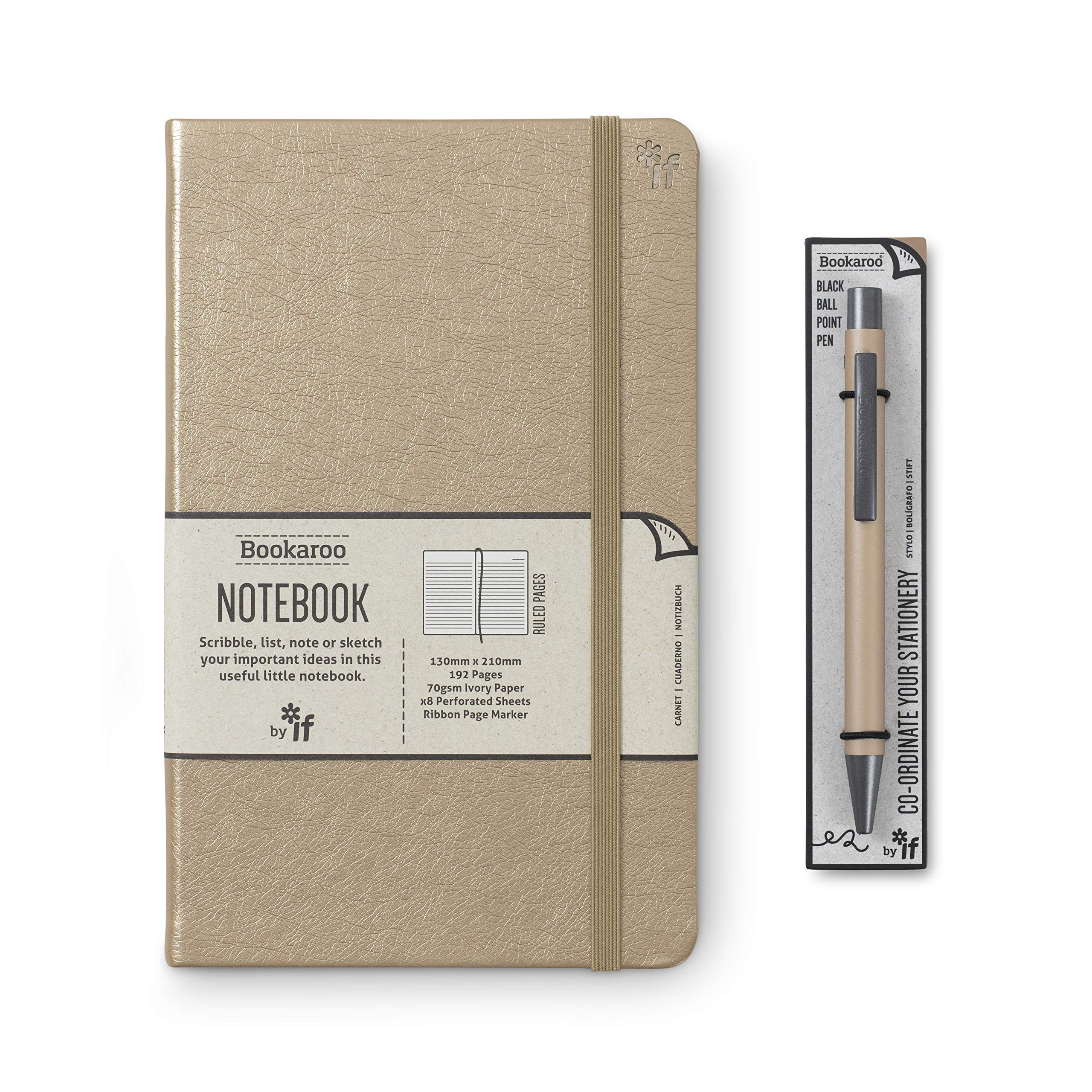 IF Bookaroo Classic Ruled Notebook & Pen Set, Gold with Matching Gold Eastic, Ribbon and Pen, Hard Cover with Soft PU, A5 21.5 x 13.5cm, 192 Pages. Metal Ballpoint Pen with Black Ink