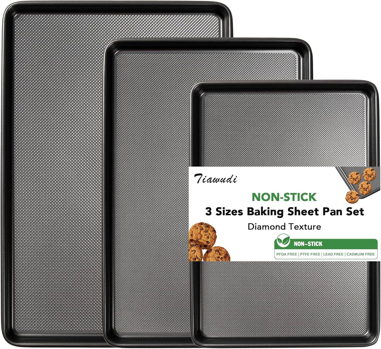 Tiawudi Set of 3 Heavy-Duty Nonstick Baking Sheets with Diamond Texture