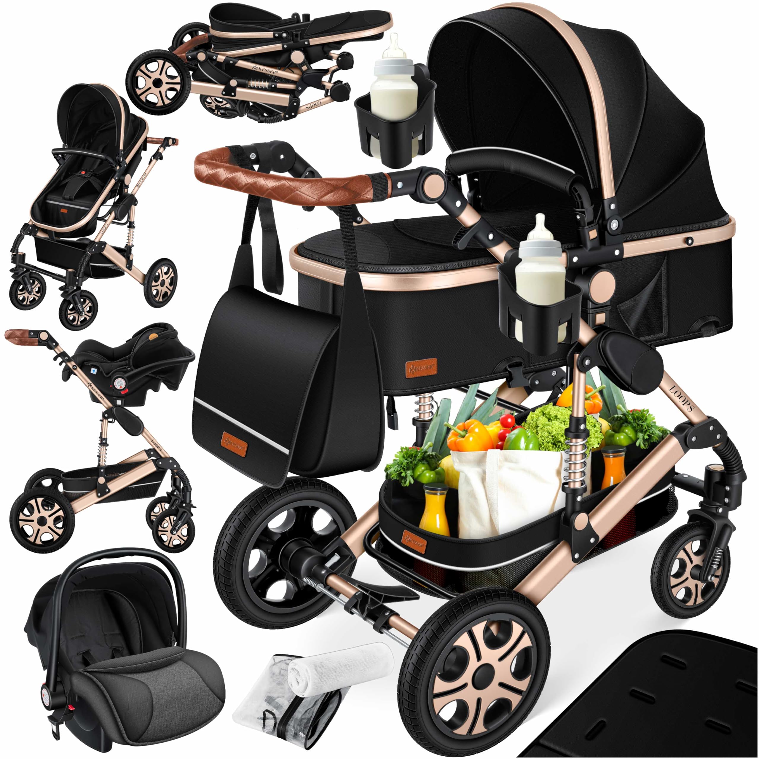 KESSER® Loops 4 in 1 Kinderwagen Kombikinderwagen Komplett-Set inkl. Babywanne & Buggy Sportsitz & Auto-Babyschale Voll-Gummireifen Wickeltasche Regenschutz Kindertisch ECE R129, Schwarz/Champagne