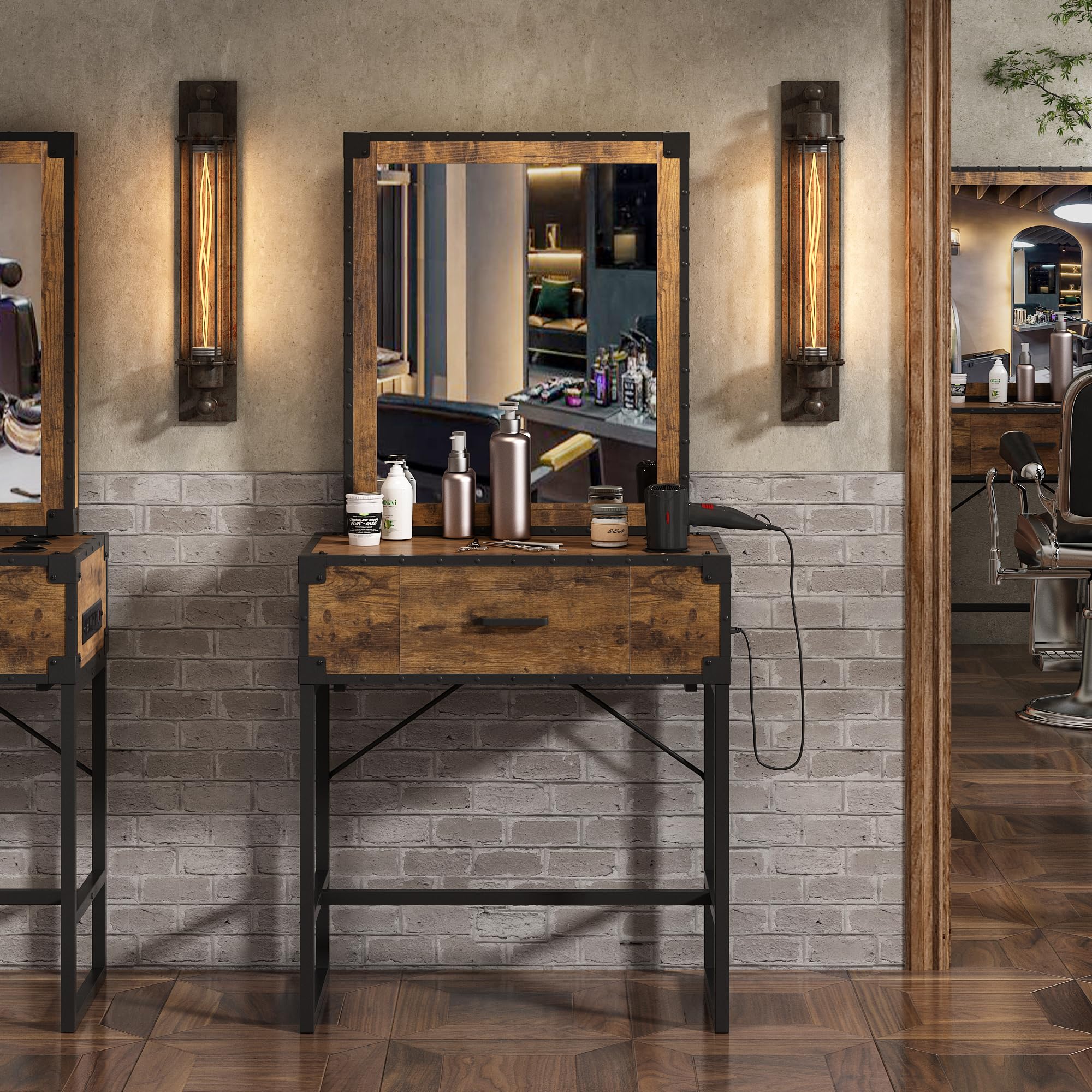 Wall Mount Salon Station with Mirror,Hair Stylist Barber Station with Charging Station and Appliance Holders, for Barbershop, Salon, Spa,Rustic Brown