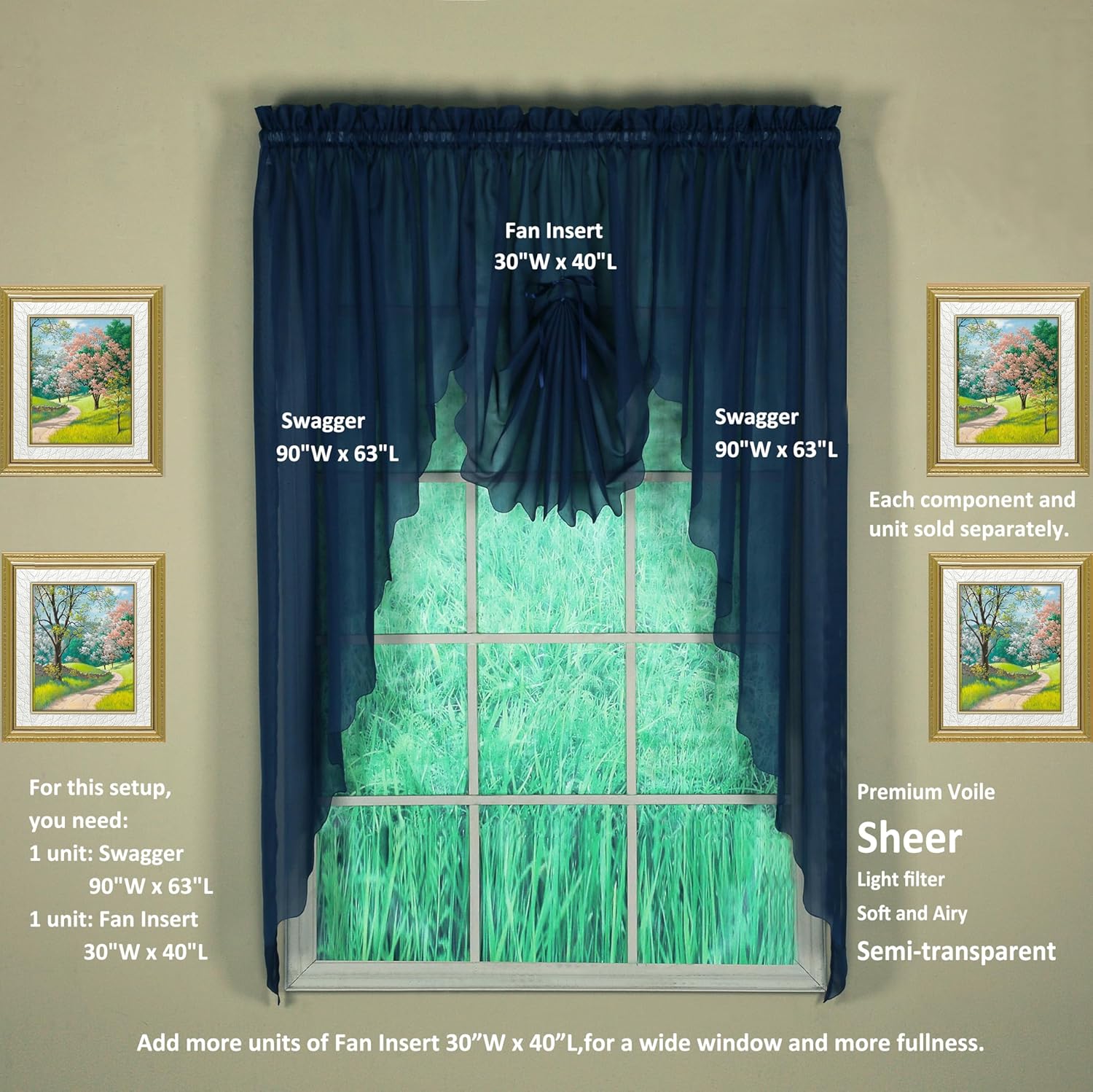 Today's Curtain Emelia Original Voile Swagger Pair 63", Navy, 90" W x 63" L